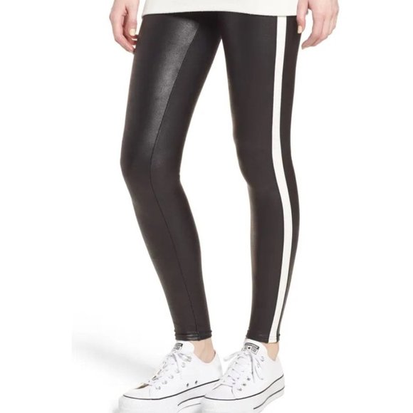 SPANX Faux Leather Shapewear Legging Varsity Stripe Contour Mobwife Athleisure-M - Picture 1 of 15
